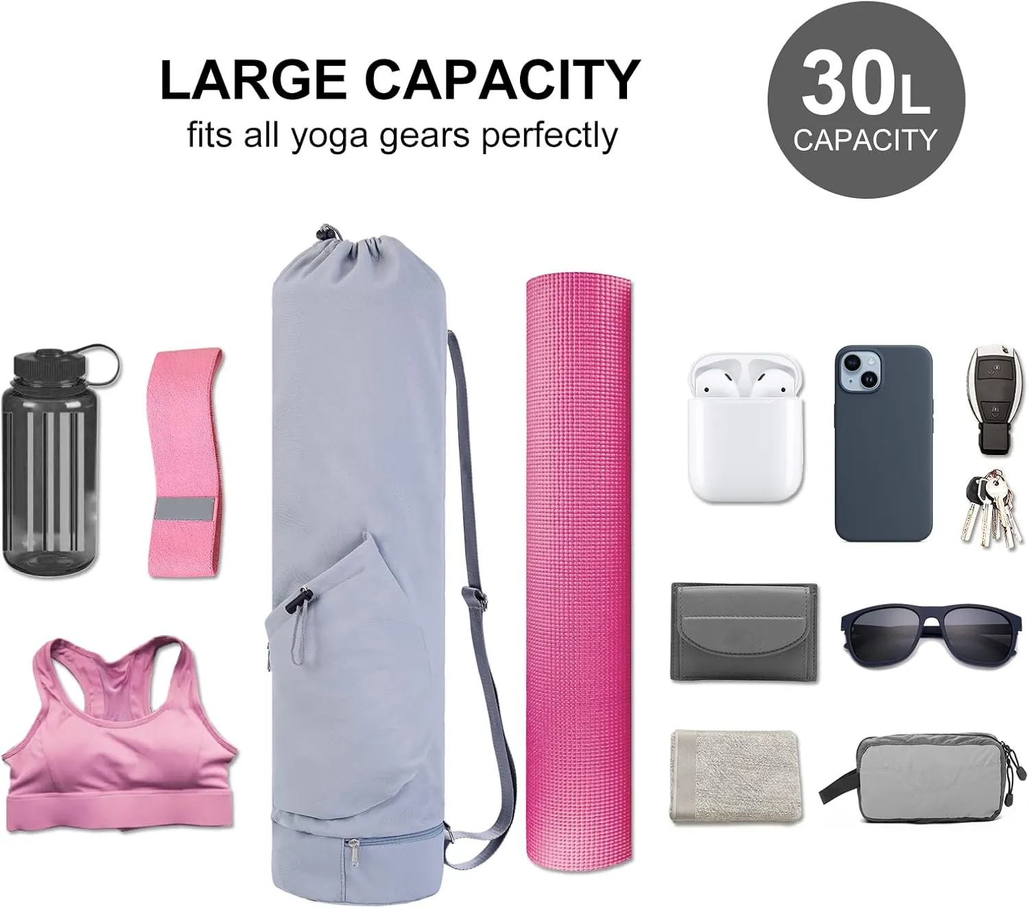 sportsnew Yoga Mat Bag with Water Bottle Pocket and Bottom Wet Pocket, Exercise Yoga Mat Carrier Multi-Functional Storage Bag, Patent pending