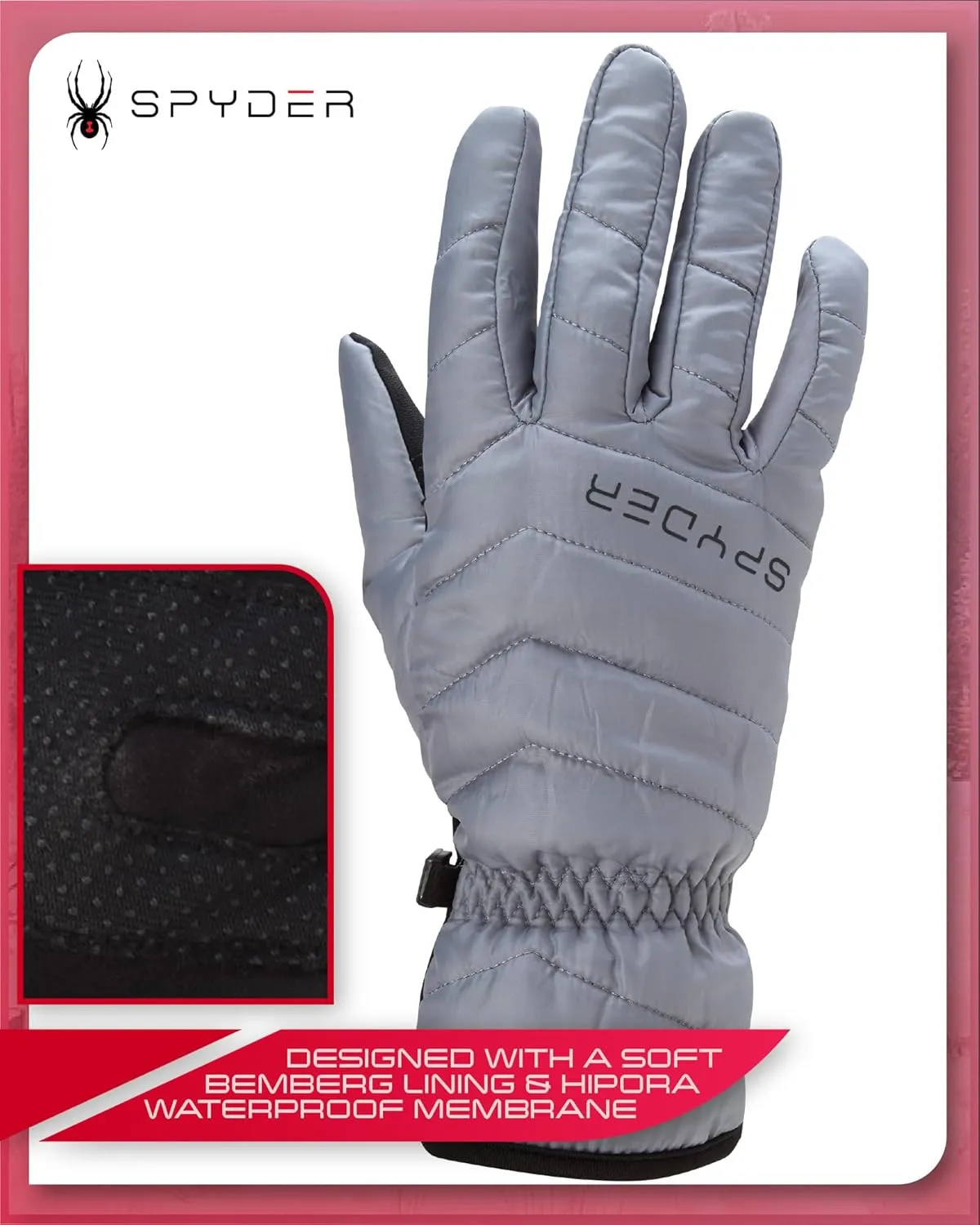 Spyder Women's Puffer Winter Gloves - Water Resistant Insulated Nylon Quilted Ski Gloves with Grippers and Snap Buckle (S-XL)
