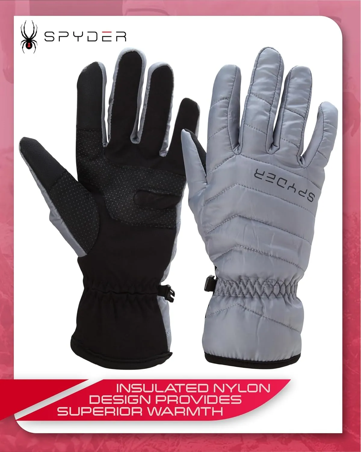 Spyder Women's Puffer Winter Gloves - Water Resistant Insulated Nylon Quilted Ski Gloves with Grippers and Snap Buckle (S-XL)