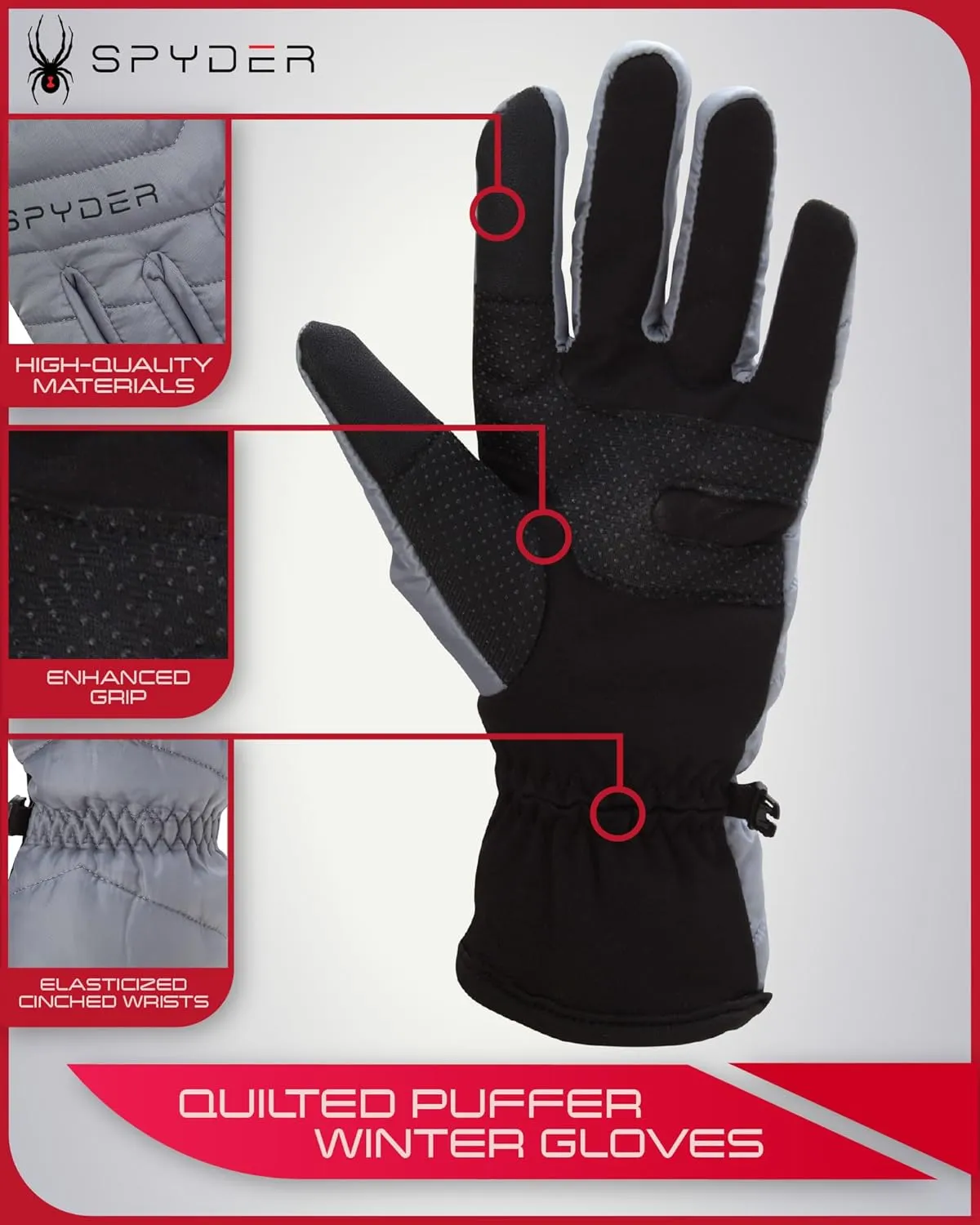 Spyder Women's Puffer Winter Gloves - Water Resistant Insulated Nylon Quilted Ski Gloves with Grippers and Snap Buckle (S-XL)