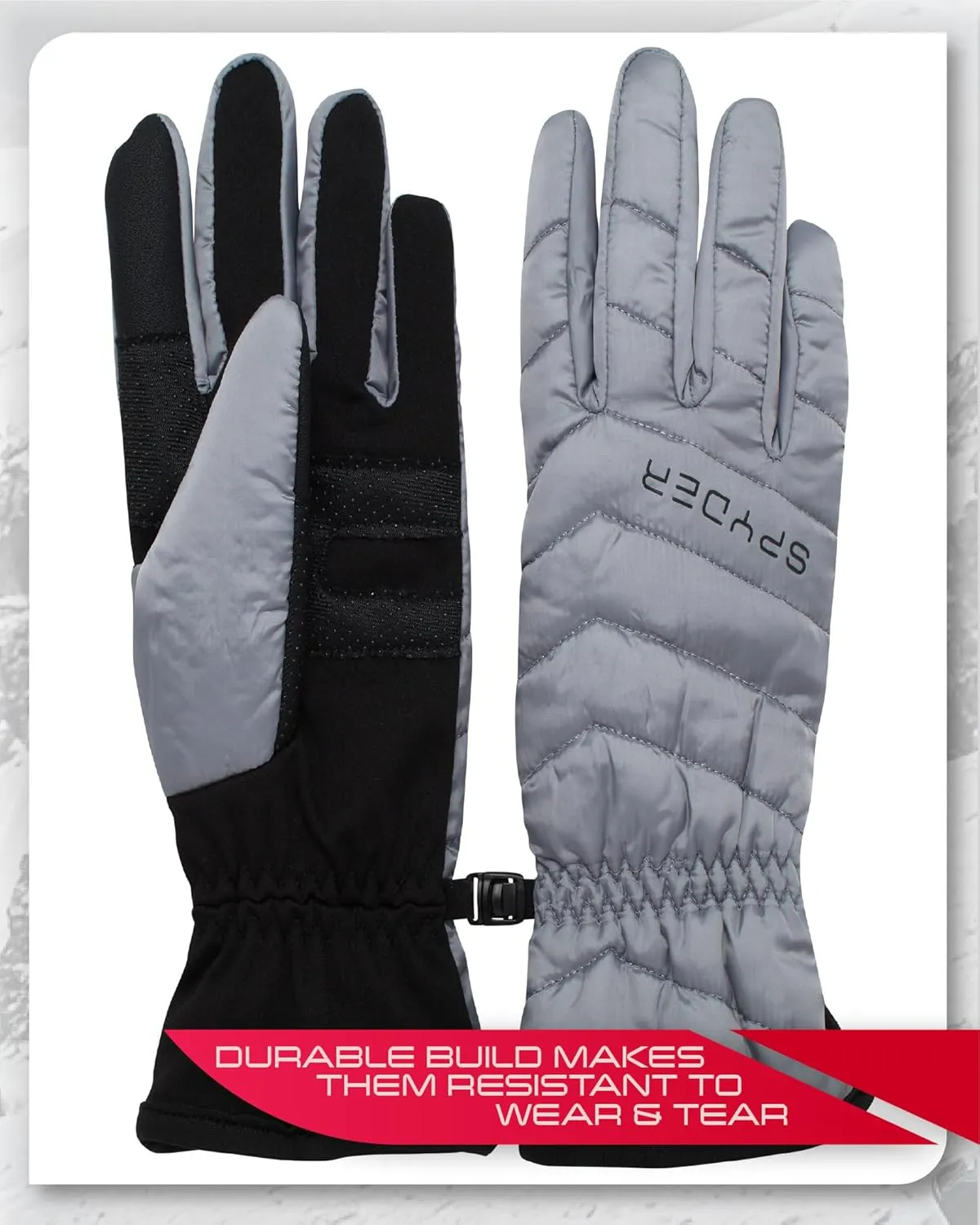Spyder Women's Puffer Winter Gloves - Water Resistant Insulated Nylon Quilted Ski Gloves with Grippers and Snap Buckle (S-XL)