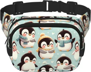 Square Double-Layer Cute-Emperor-Penguin Waist Bag Large Crossbody Fanny Pack For Travel Walking Running
