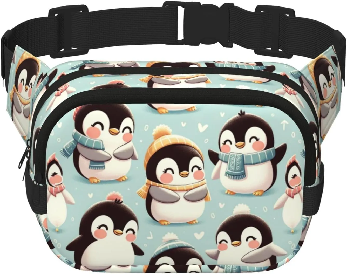 Square Double-Layer Cute-Emperor-Penguin Waist Bag Large Crossbody Fanny Pack For Travel Walking Running