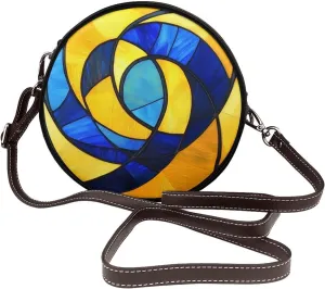 Stained Glass Blue And Yellow Swirls Pattern Women Round Crossbody Bags Leather Sling Bag Purse