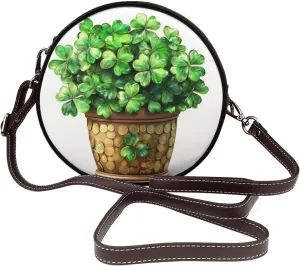 Stained Glass Green Four-Leaf Clovers Pot Women Round Crossbody Bags Leather Sling Bag Purse