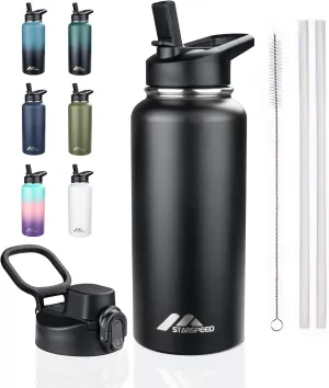 StarSpeed 32oz Insulated Water Bottle with Straws & 2 Lids, Stainless Steel Double Walled Vacuum Water Flask, Wide Mouth Sports Water Bottle for Gym Camping Hiking, Black