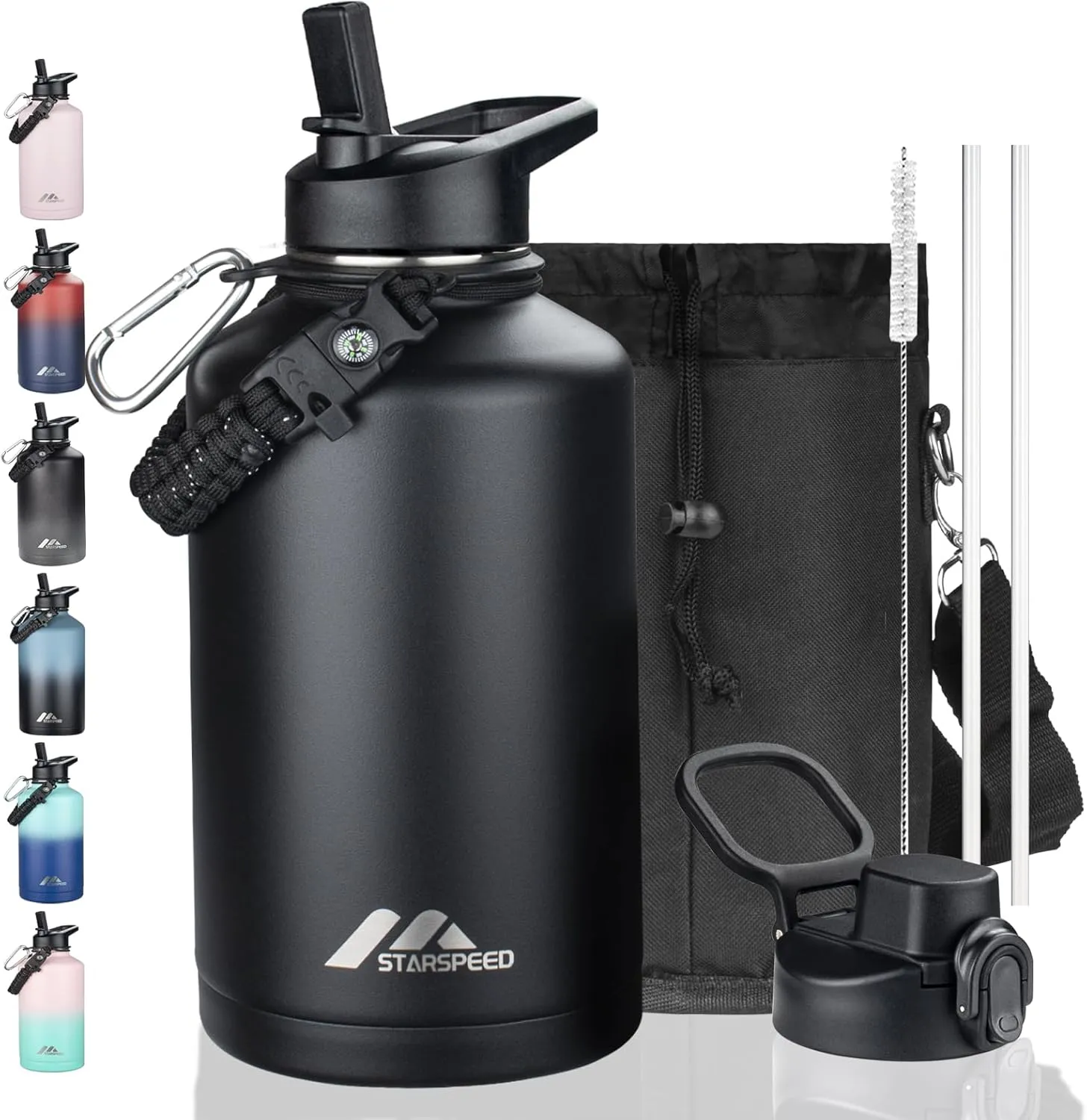 StarSpeed 64oz Insulated Water Bottle with Straws & 2 Lids, Half Gallon Stainless Steel Double Walled Vacuum Water Jug, Large Wide Mouth with Paracord Handle for Gym Camping Hiking, Black