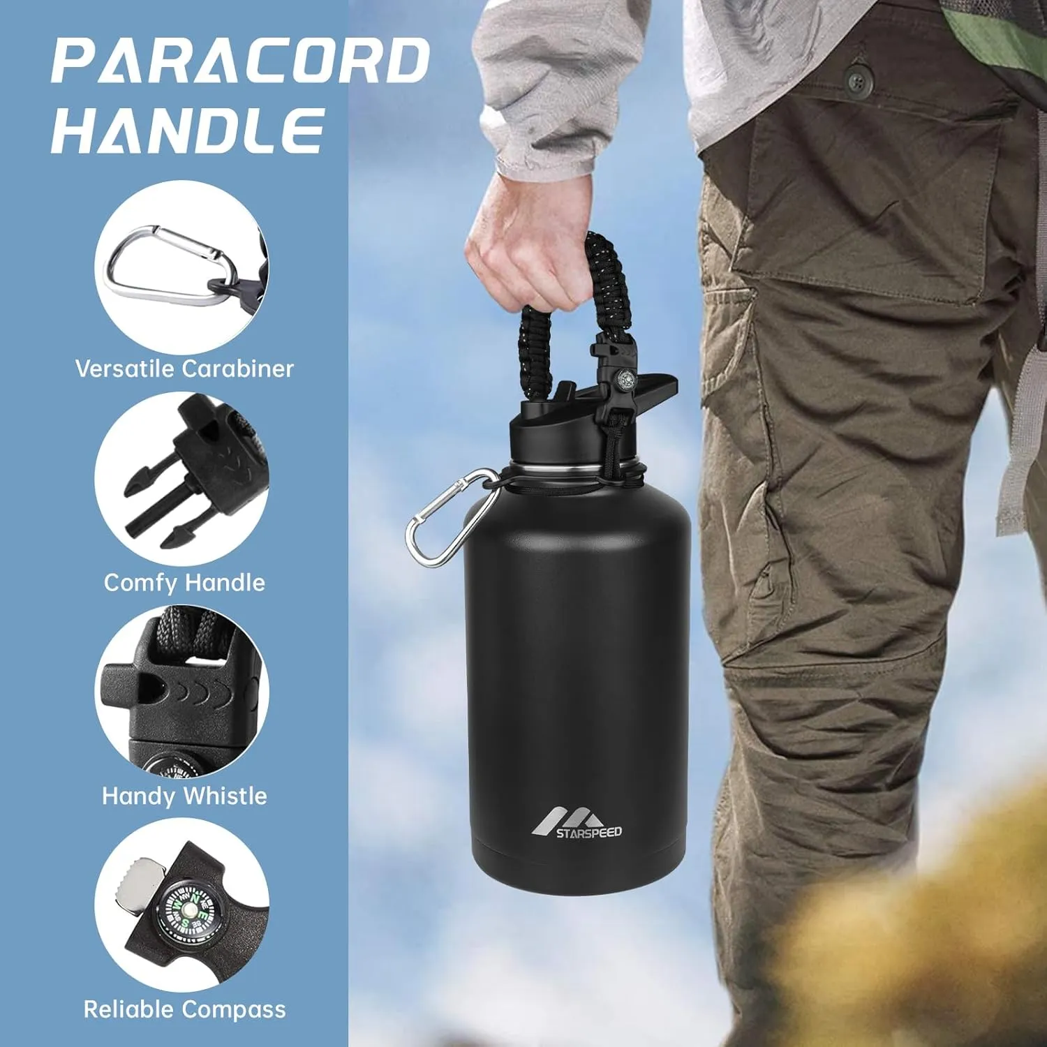 StarSpeed 64oz Insulated Water Bottle with Straws & 2 Lids, Half Gallon Stainless Steel Double Walled Vacuum Water Jug, Large Wide Mouth with Paracord Handle for Gym Camping Hiking, Black