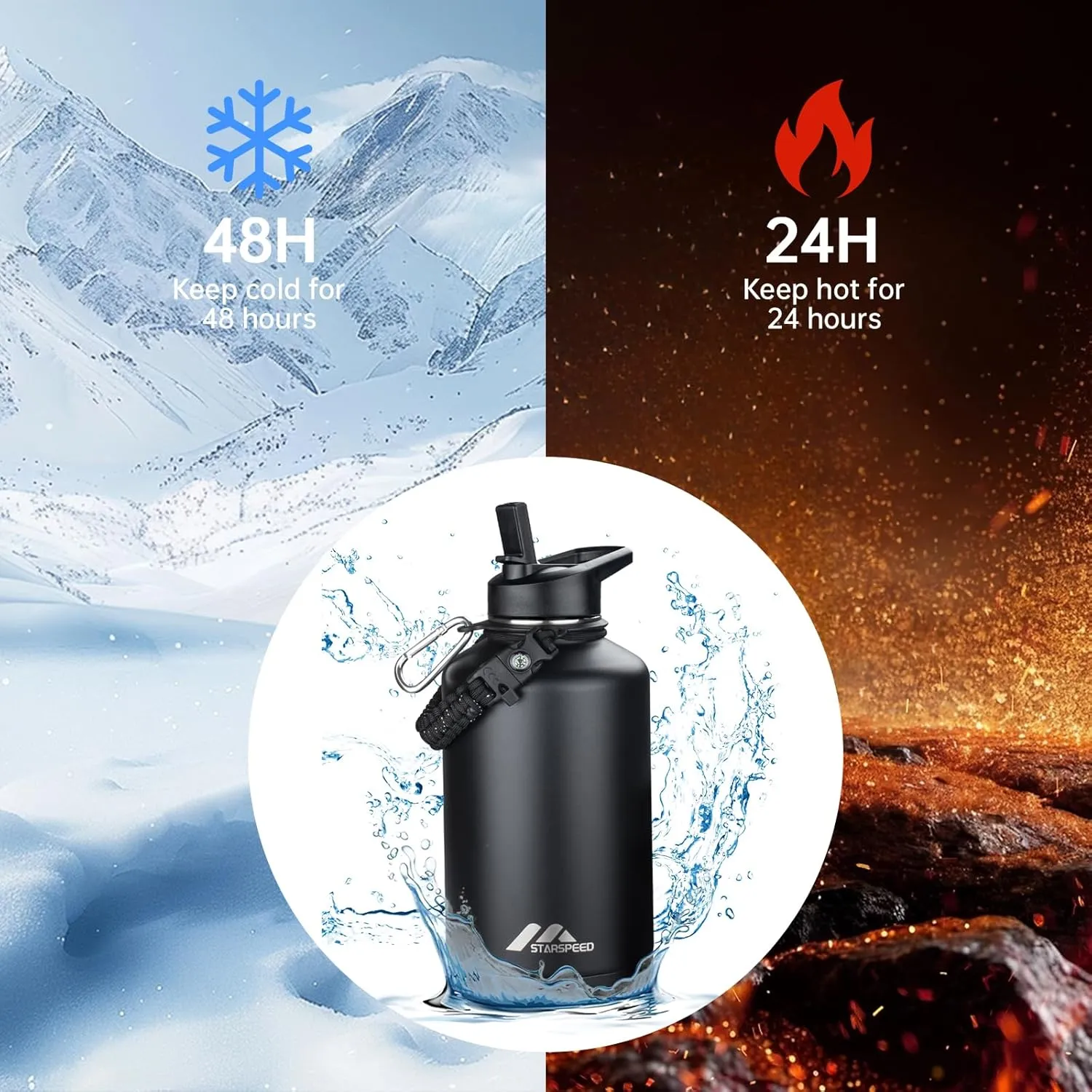 StarSpeed 64oz Insulated Water Bottle with Straws & 2 Lids, Half Gallon Stainless Steel Double Walled Vacuum Water Jug, Large Wide Mouth with Paracord Handle for Gym Camping Hiking, Black