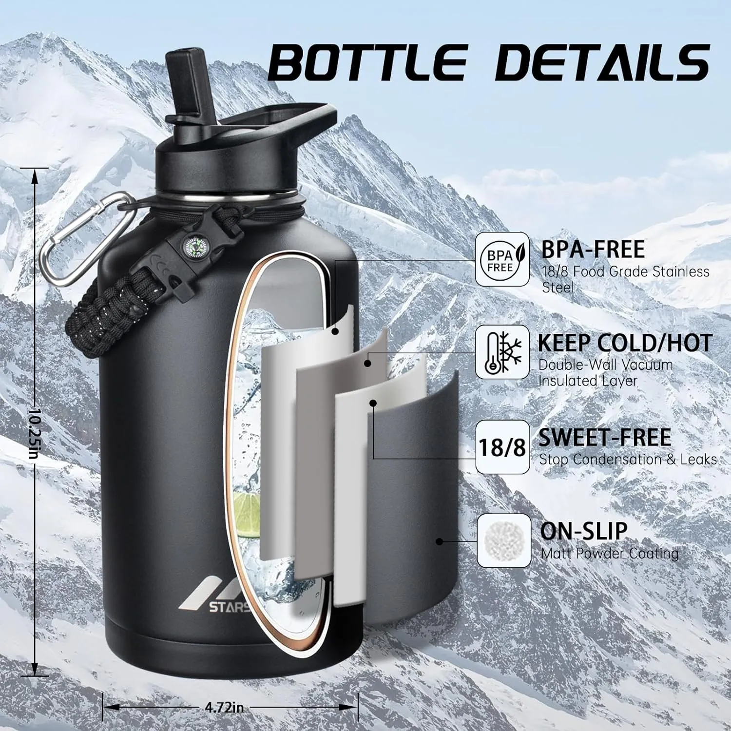 StarSpeed 64oz Insulated Water Bottle with Straws & 2 Lids, Half Gallon Stainless Steel Double Walled Vacuum Water Jug, Large Wide Mouth with Paracord Handle for Gym Camping Hiking, Black