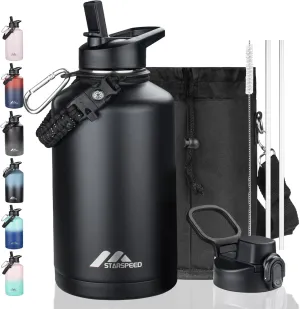 StarSpeed 64oz Insulated Water Bottle with Straws & 2 Lids, Half Gallon Stainless Steel Double Walled Vacuum Water Jug, Large Wide Mouth with Paracord Handle for Gym Camping Hiking, Black