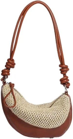 Straw Bag Stylish Straw - Leather Half - moon Handbag: Unlock the Code of Urban Fashion Straw Bags