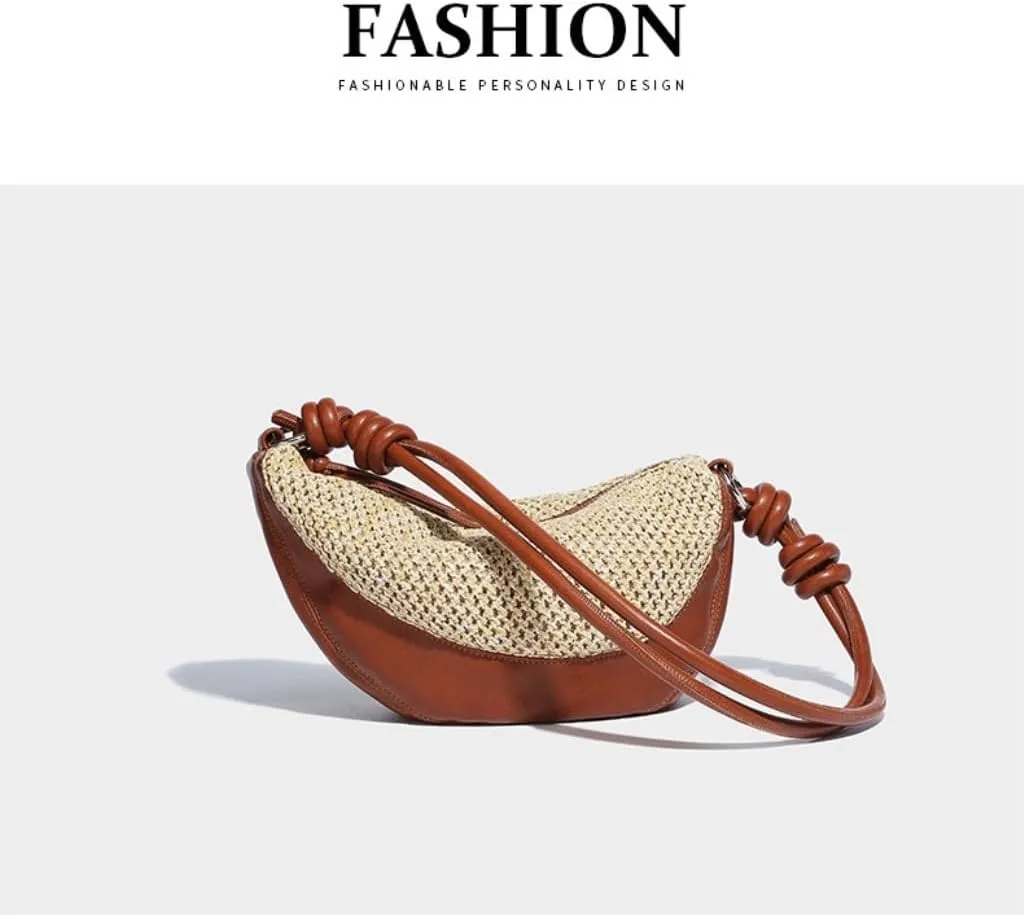 Straw Bag Stylish Straw - Leather Half - moon Handbag: Unlock the Code of Urban Fashion Straw Bags