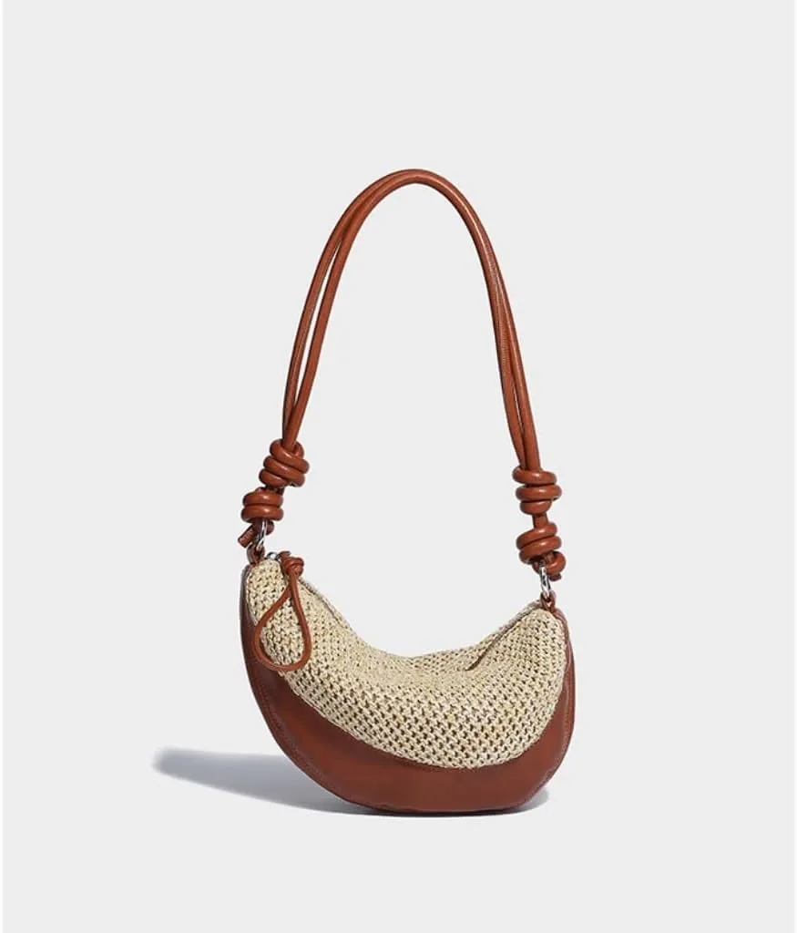 Straw Bag Stylish Straw - Leather Half - moon Handbag: Unlock the Code of Urban Fashion Straw Bags