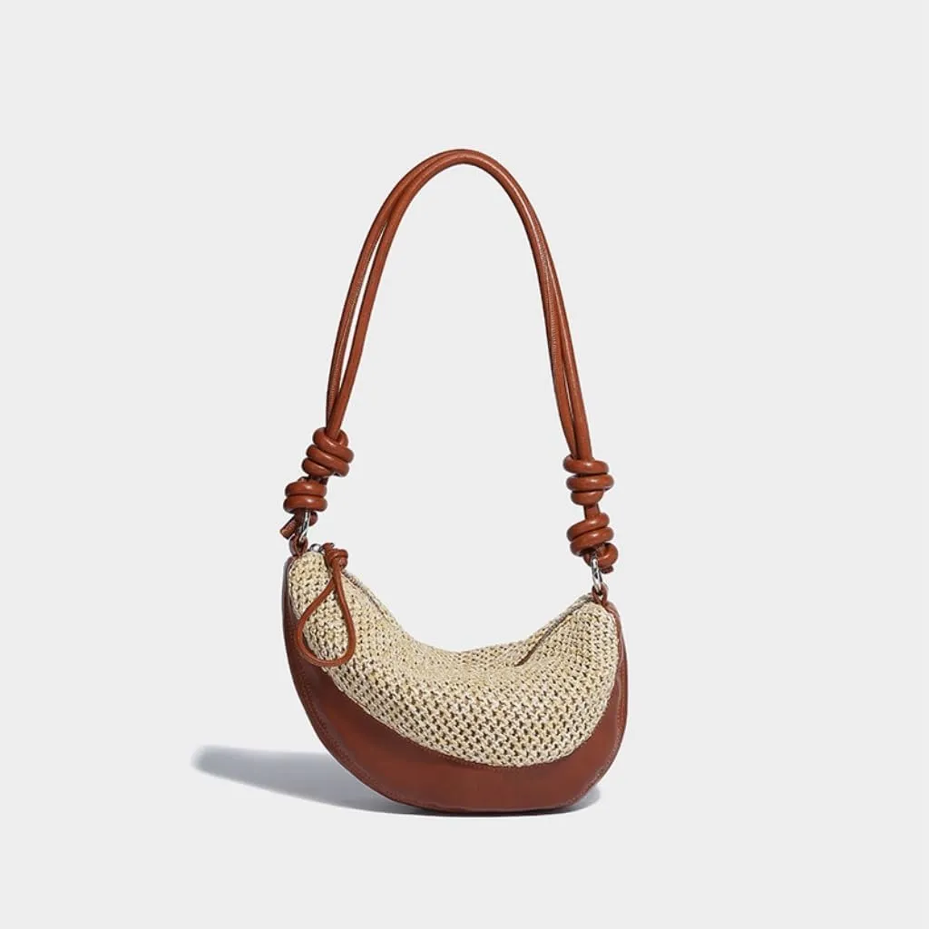 Straw Bag Stylish Straw - Leather Half - moon Handbag: Unlock the Code of Urban Fashion Straw Bags