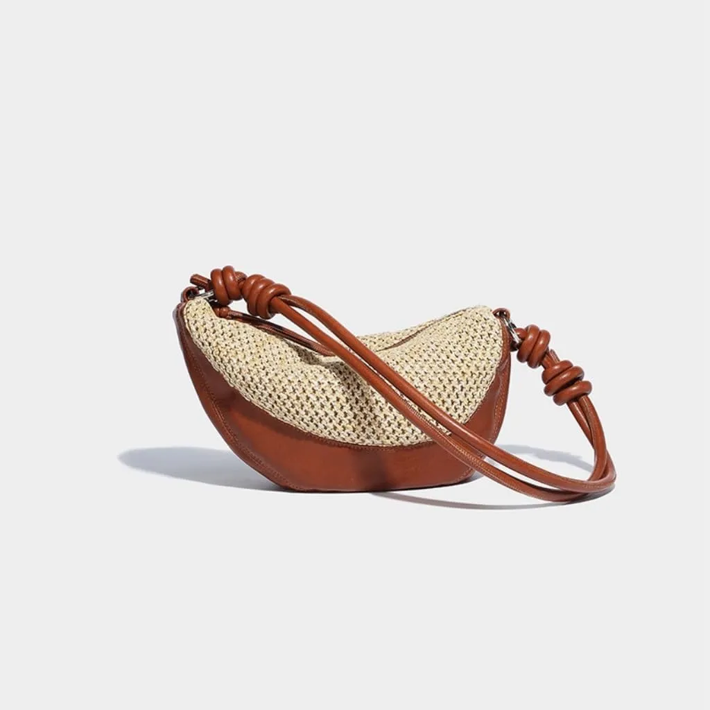 Straw Bag Stylish Straw - Leather Half - moon Handbag: Unlock the Code of Urban Fashion Straw Bags
