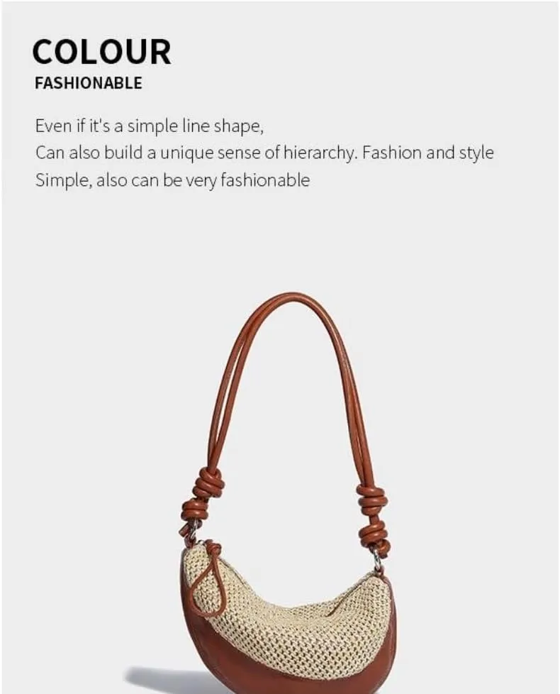 Straw Bag Stylish Straw - Leather Half - moon Handbag: Unlock the Code of Urban Fashion Straw Bags