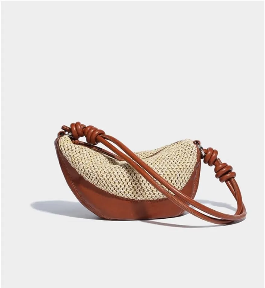 Straw Bag Stylish Straw - Leather Half - moon Handbag: Unlock the Code of Urban Fashion Straw Bags