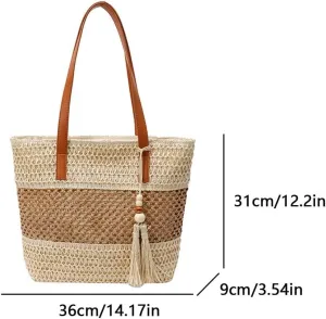 Straw Beach Bag Summer Woven Tote Bag with Zipper Handbag Shoulder Purse for Women Travel Vacation