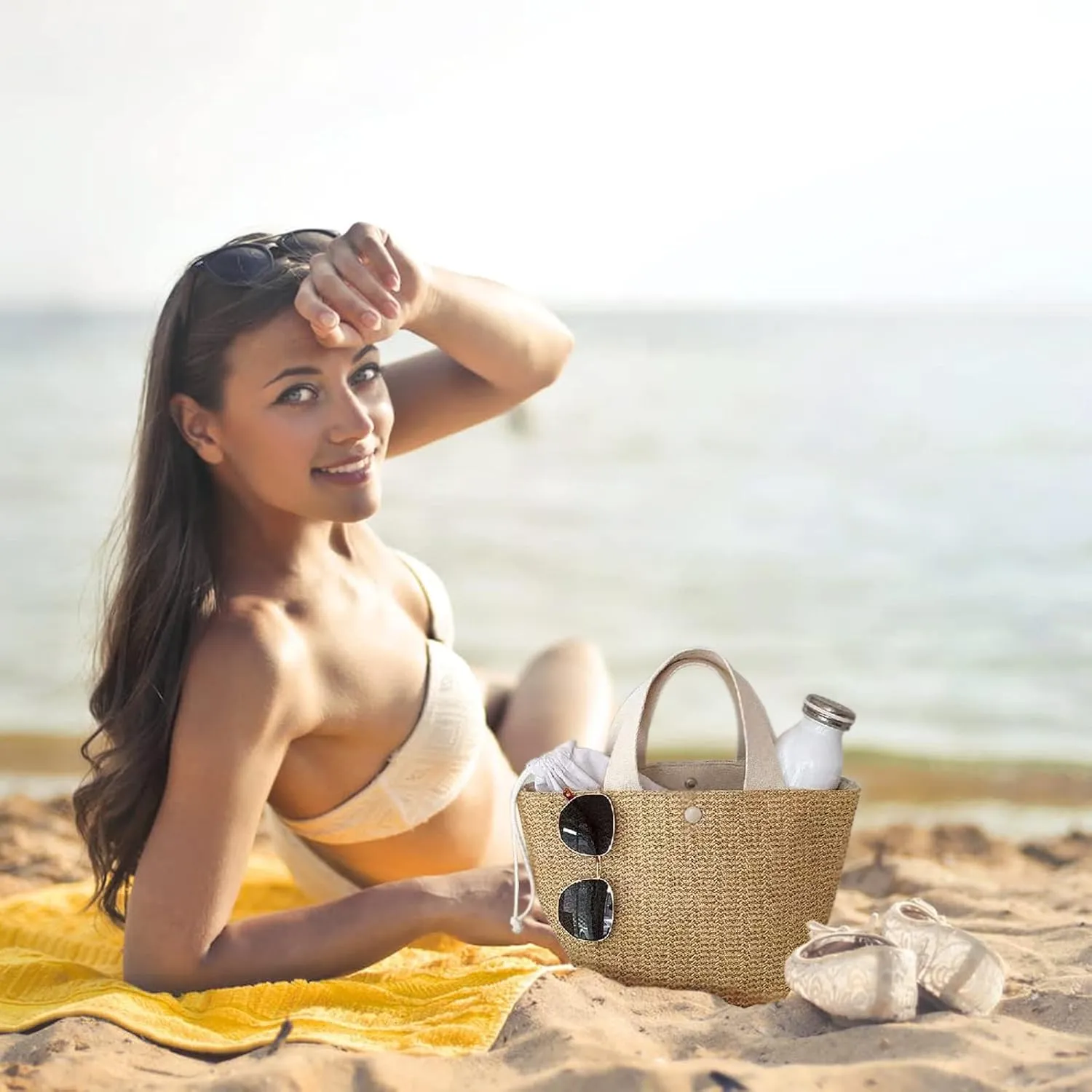 Straw Beach Bag,Women Hobo Summer Woven Large Handbags Straw Tote Bag with Lining Pockets for Daily Use Beach Travel