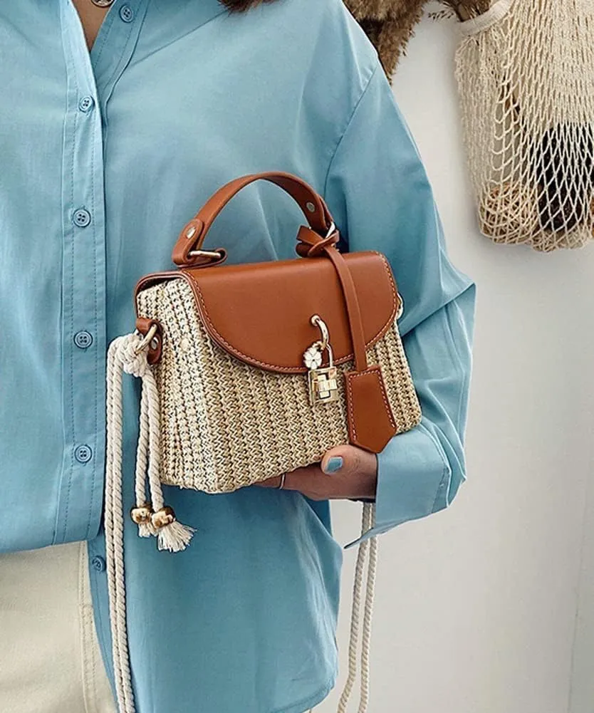 Straw Crossbody Bag for Women Hand Woven Shoulder Bag Leather Top Handle Small Boho Purse Rattan Beach Handbags