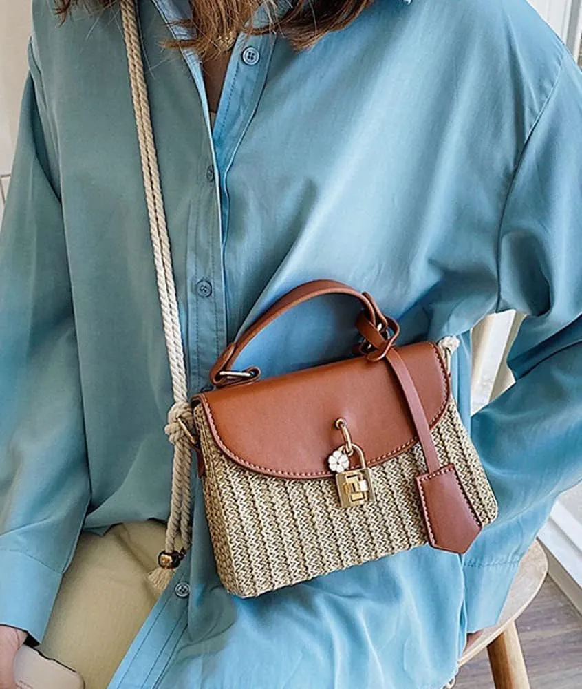 Straw Crossbody Bag for Women Hand Woven Shoulder Bag Leather Top Handle Small Boho Purse Rattan Beach Handbags