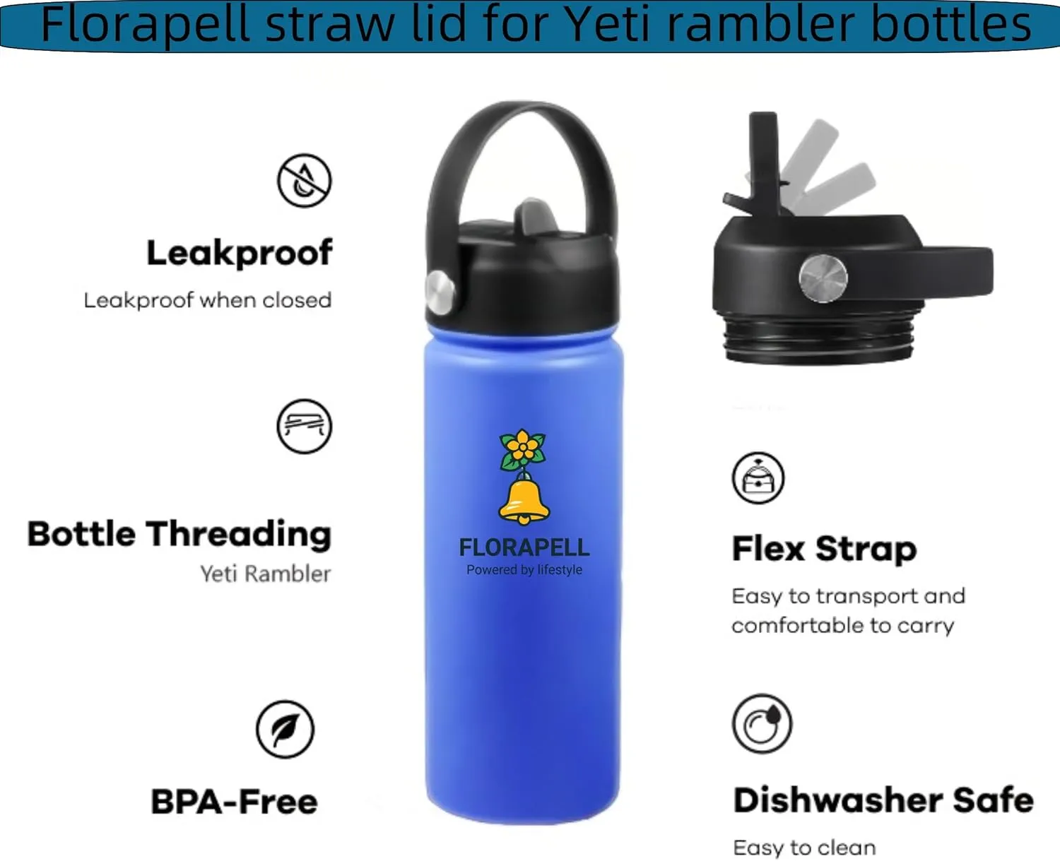 Straw lid for Yeti Rambler 18 26 36 64 oz, Lid with Straws and Flexible Handle, Replacement Cap for Yeti 18oz 26oz 36oz 64oz Rambler Water Bottle Straw Cap