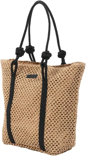 Straw Tote Handbag for Women Simple Satchel Handbag with Knot Strap Summer Vacation Hobo Bag Large Sling Shoulder Bag