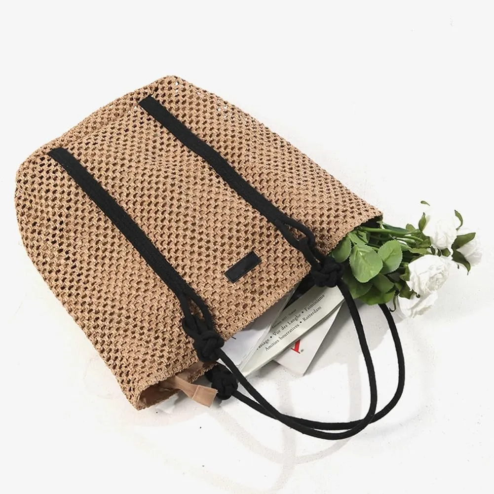 Straw Tote Handbag for Women Simple Satchel Handbag with Knot Strap Summer Vacation Hobo Bag Large Sling Shoulder Bag