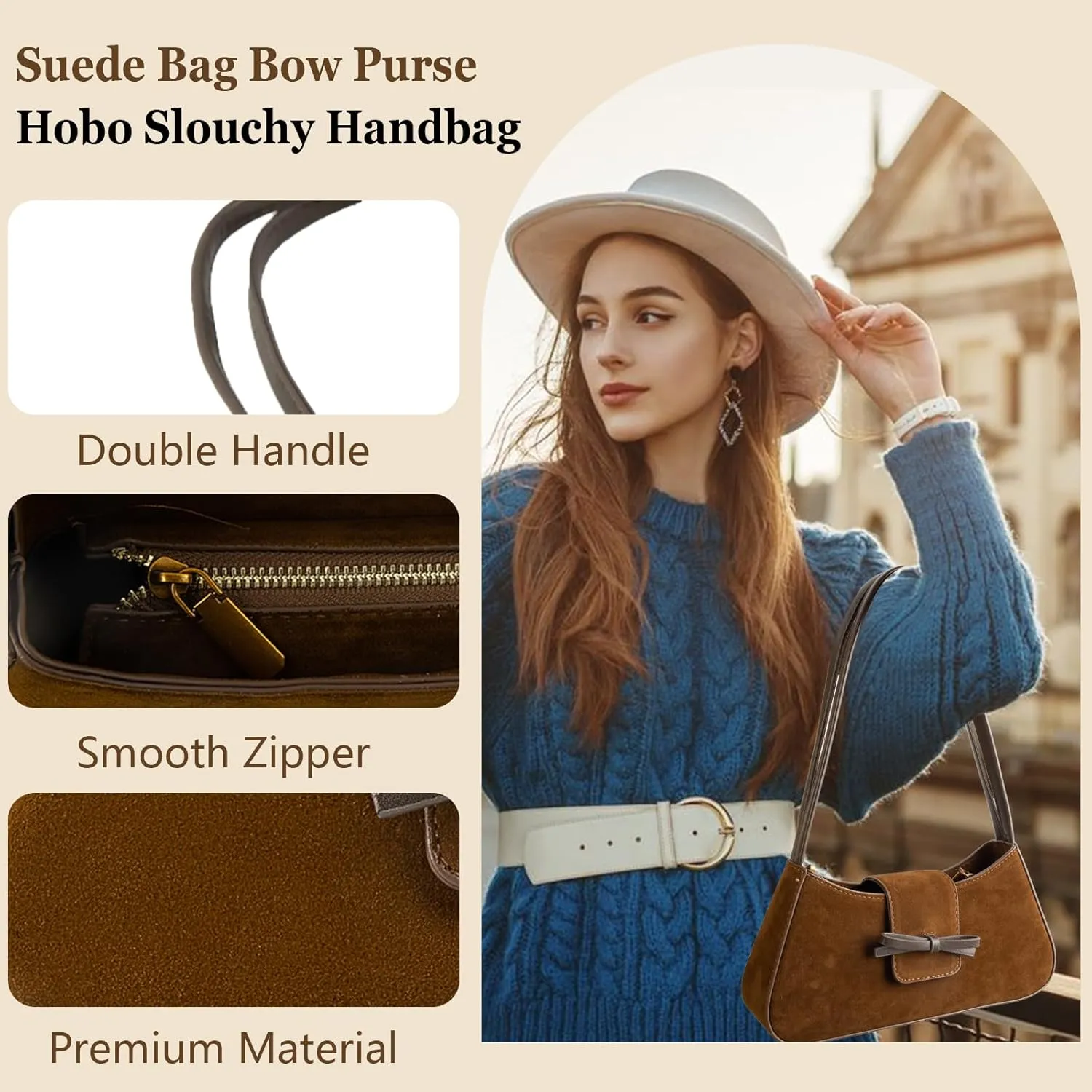 Suede Bag, Brown Hobo Shoulder Bag, Clutch Handbag, Vegan Leather Underarm Crossbody Tote