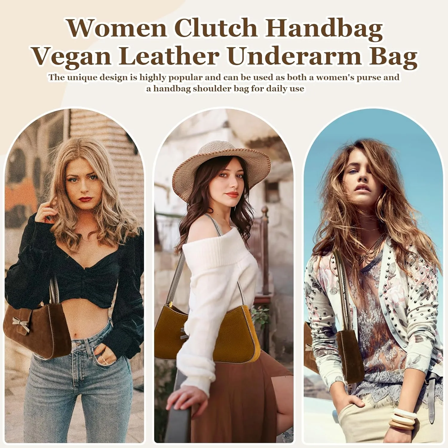 Suede Bag, Brown Hobo Shoulder Bag, Clutch Handbag, Vegan Leather Underarm Crossbody Tote