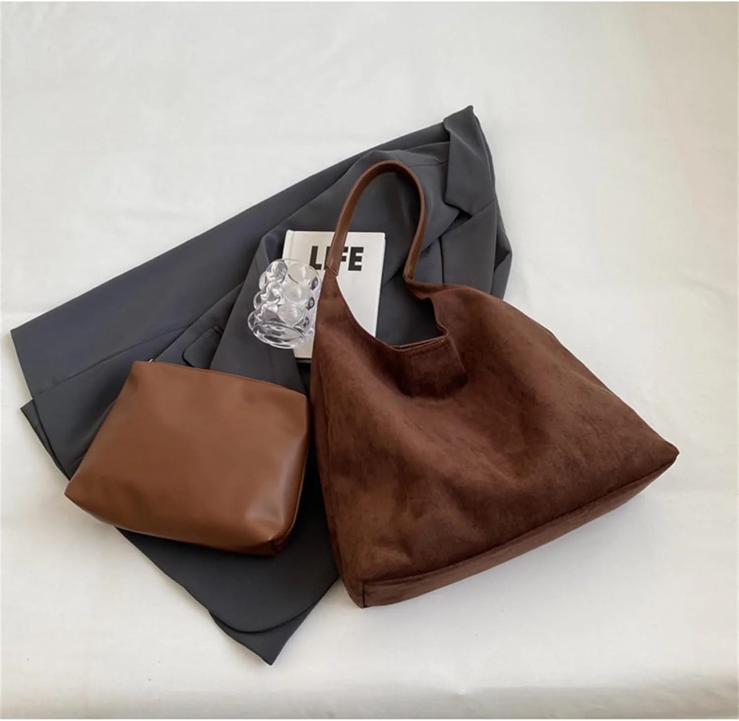 Suede Bags for Women - Brown Suede Tote and Shoulder Bag with Zipper Purse