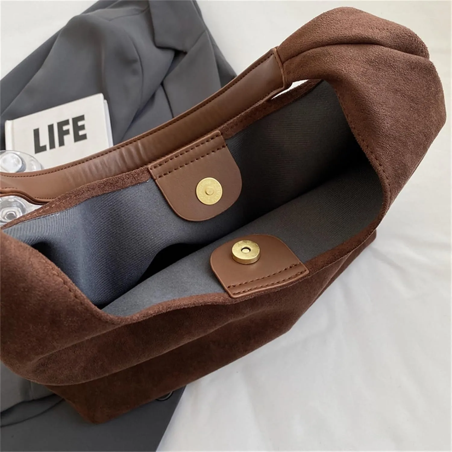 Suede Bags for Women - Brown Suede Tote and Shoulder Bag with Zipper Purse