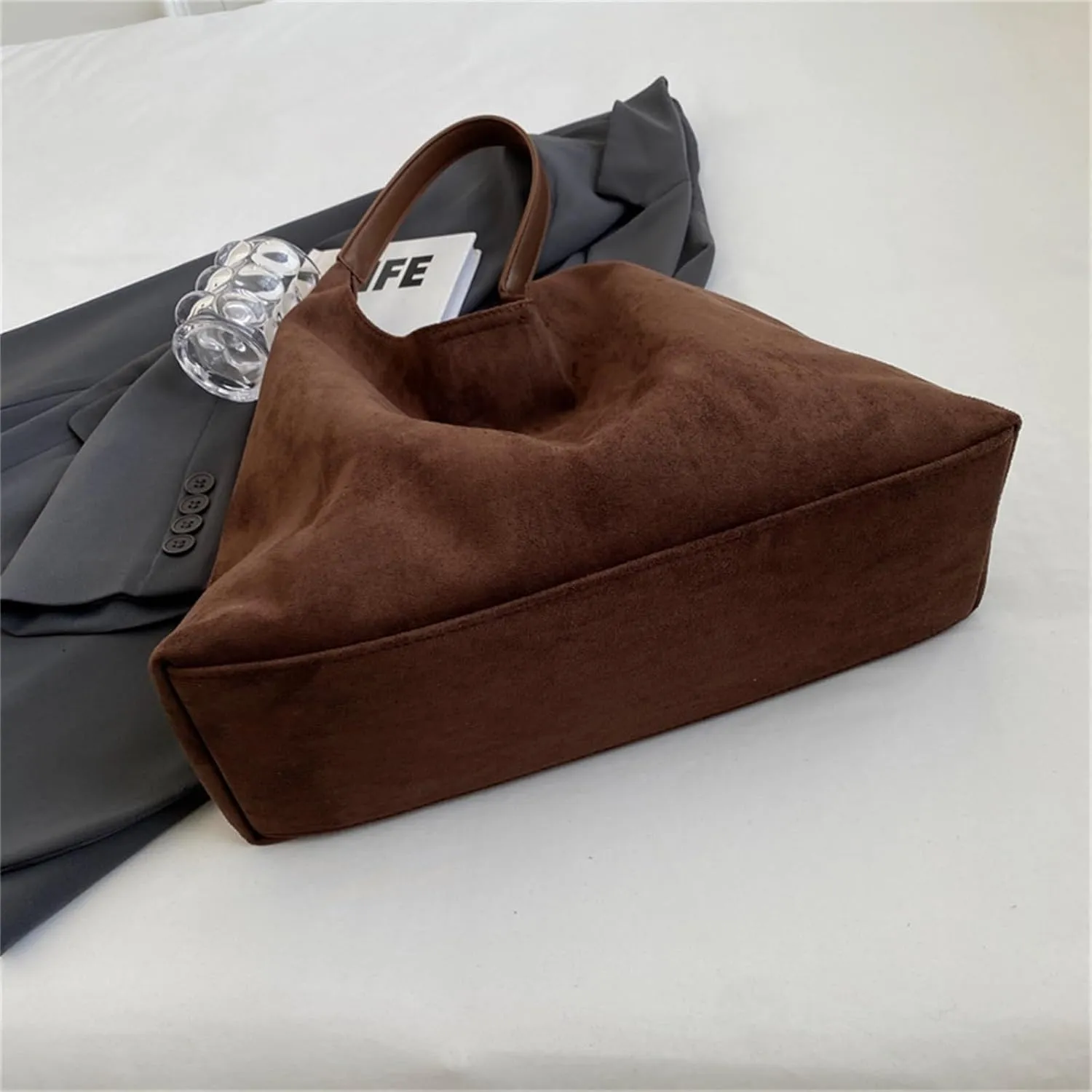 Suede Bags for Women - Brown Suede Tote and Shoulder Bag with Zipper Purse