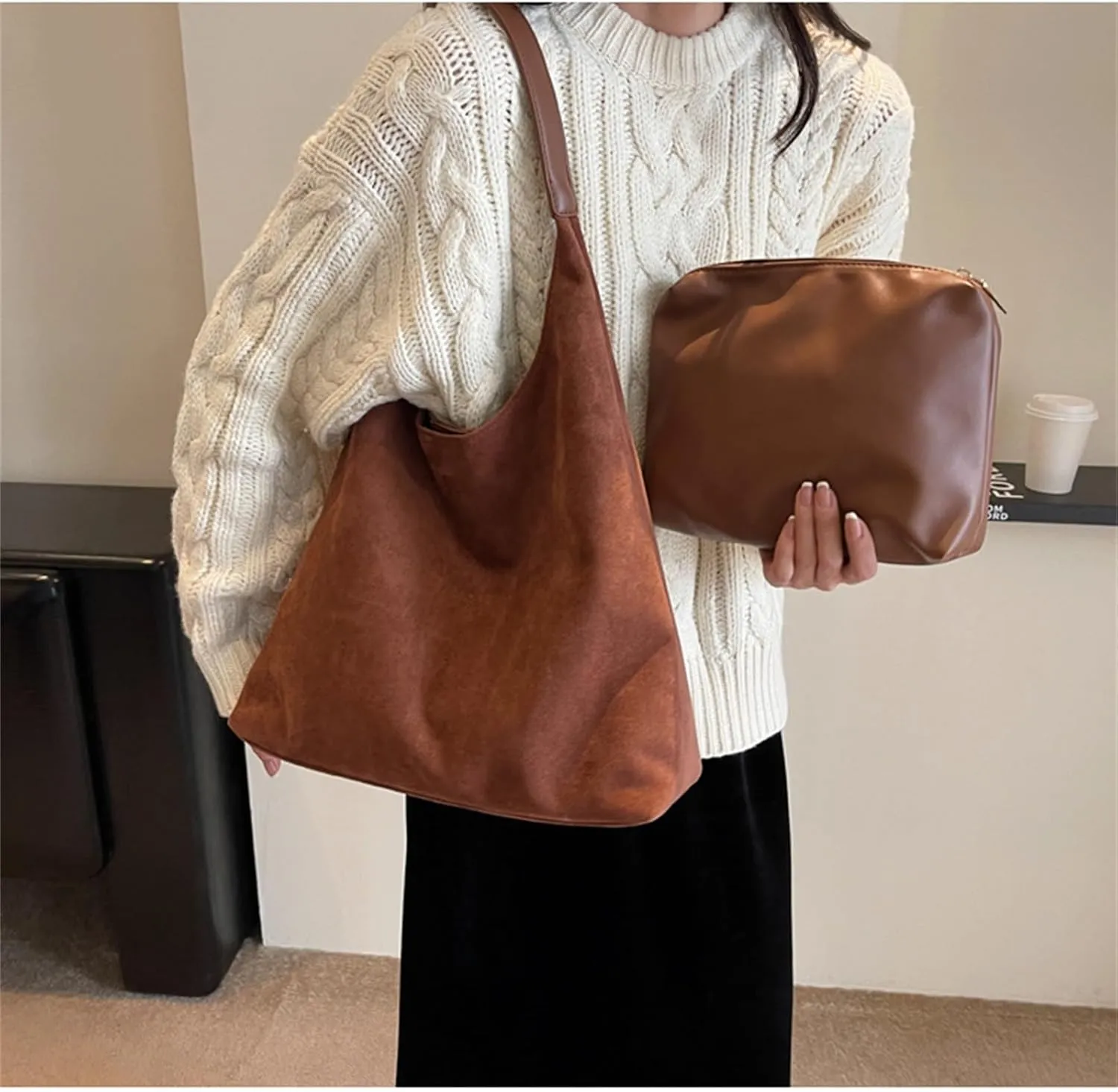 Suede Bags for Women - Brown Suede Tote and Shoulder Bag with Zipper Purse