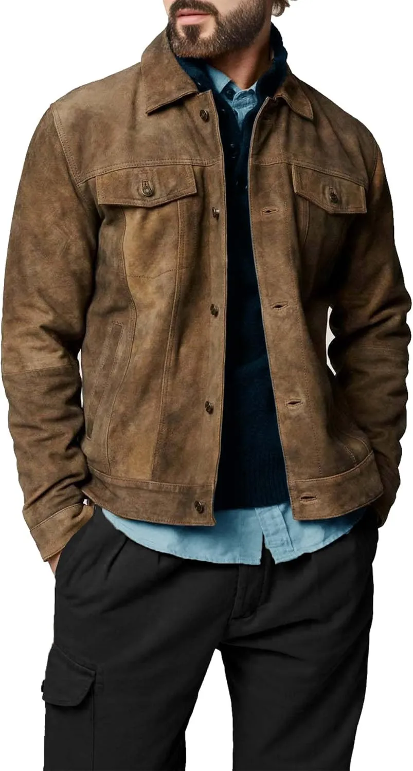 Suede Jacket for Men - Premium Suede Leather Bomber Jacket | Trucker Coat for Mens