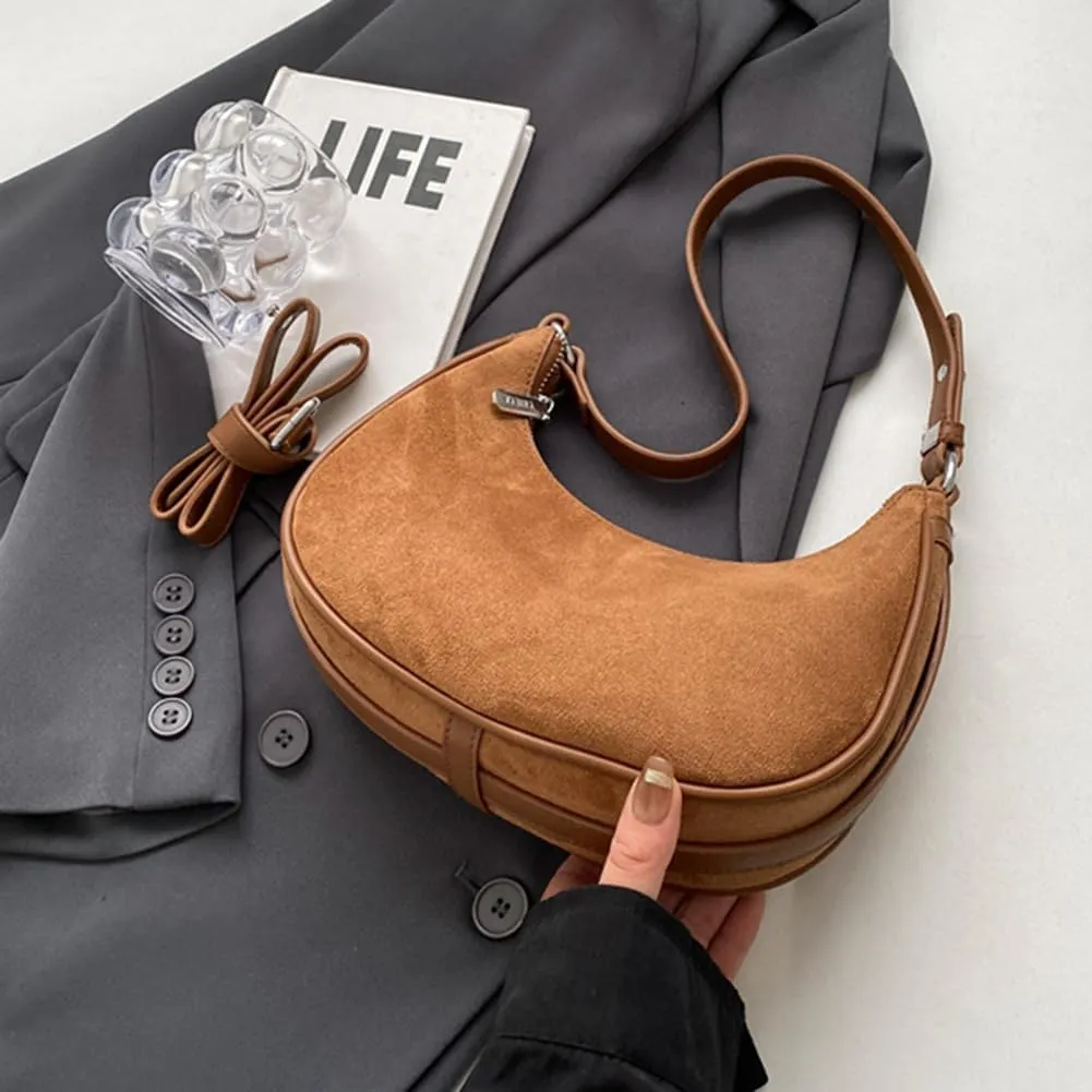 Suede Shoulder Bag Crescent Suede Purse for Women Brown Suede Handbags 2024 Fall Purse Stylish Suede Crossbody Bag