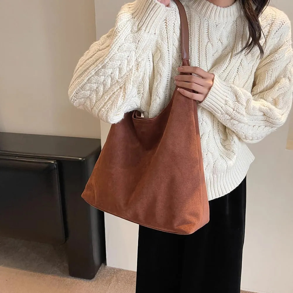 Suede Tote Bag for Women, Large Capacity Suede Tote Bag, Adjustable Strap Daily Sling Bag, Retro Shoulder Satchel Bag