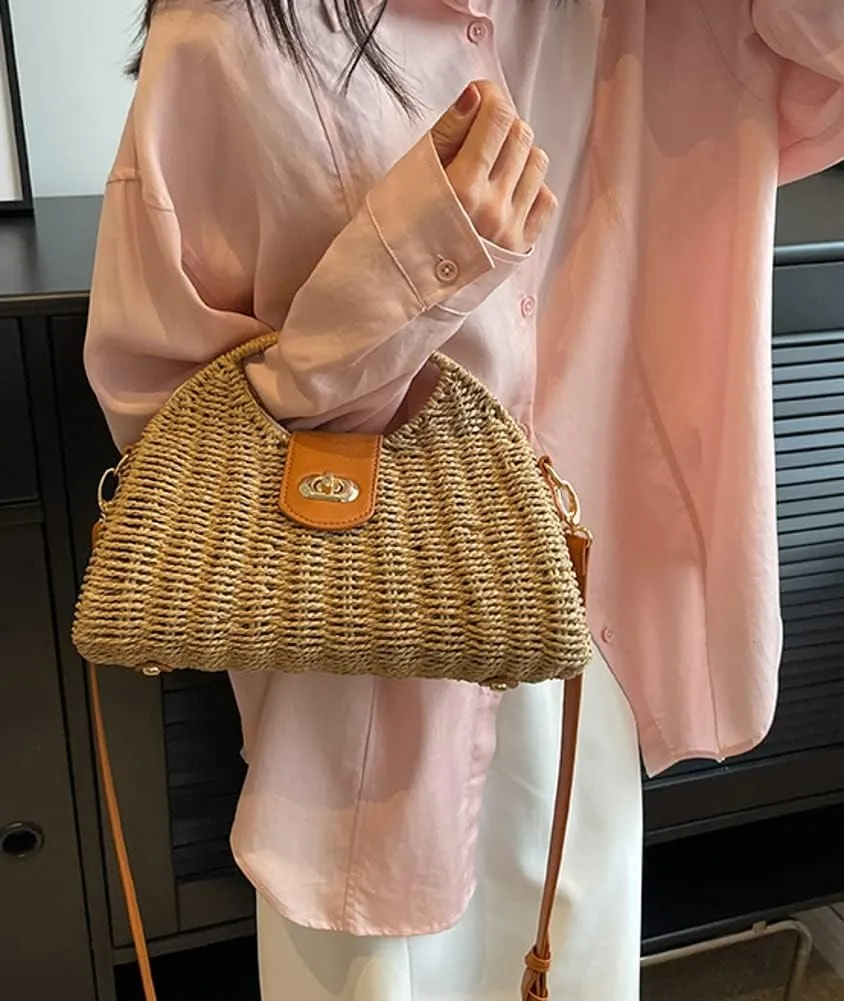 Summer Straw Bag for Women Straw Hand-woven Top-handle Handbag Crossbody Tote Clutch Bags for Travel