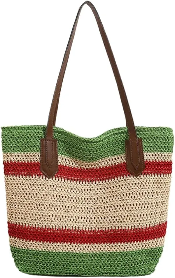 Summer Straw Shoulder Bags for Women Large Straw Beach Bag Color Strip Woven Tote Bags Handbag Woven Tote Bag Purse 2025