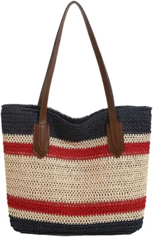 Summer Straw Shoulder Bags for Women Large Straw Beach Bag Color Strip Woven Tote Bags Handbag Woven Tote Bag Purse 2025