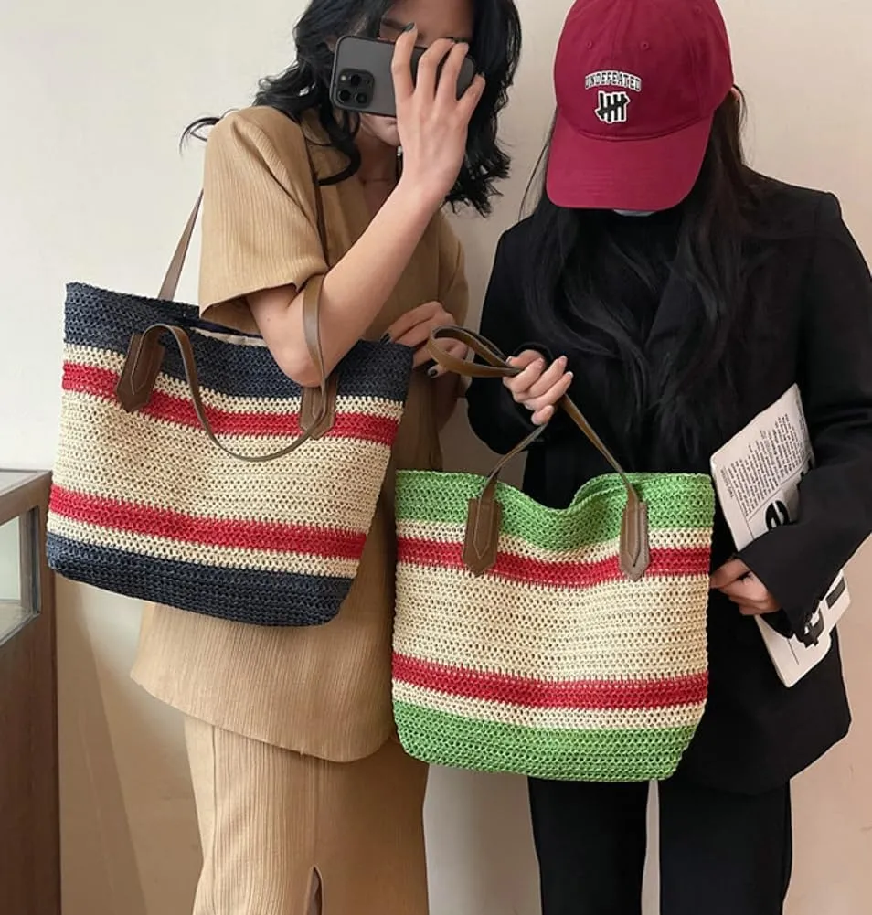 Summer Straw Shoulder Bags for Women Large Straw Beach Bag Color Strip Woven Tote Bags Handbag Woven Tote Bag Purse 2025