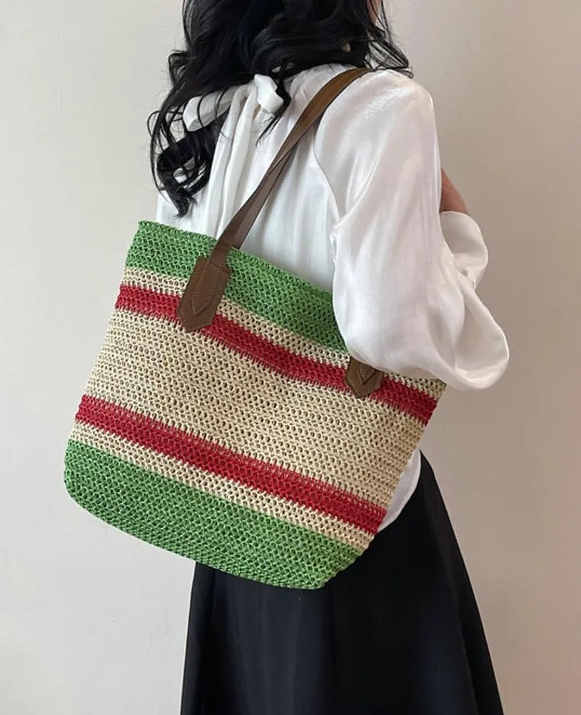 Summer Straw Shoulder Bags for Women Large Straw Beach Bag Color Strip Woven Tote Bags Handbag Woven Tote Bag Purse 2025