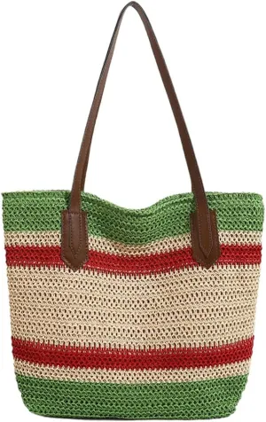 Summer Straw Shoulder Bags for Women Large Straw Beach Bag Color Strip Woven Tote Bags Handbag Woven Tote Bag Purse 2025