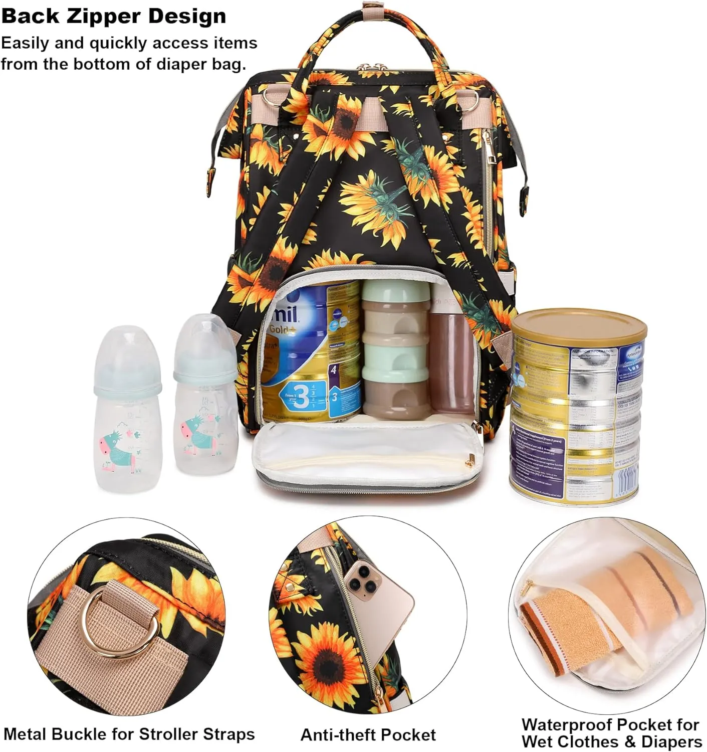 Sunflower Diaper Bag Backpack for Baby Girls Boys, Large Capacity Multifunction Waterproof Maternity Mom Nappy Bags with Stroller Straps