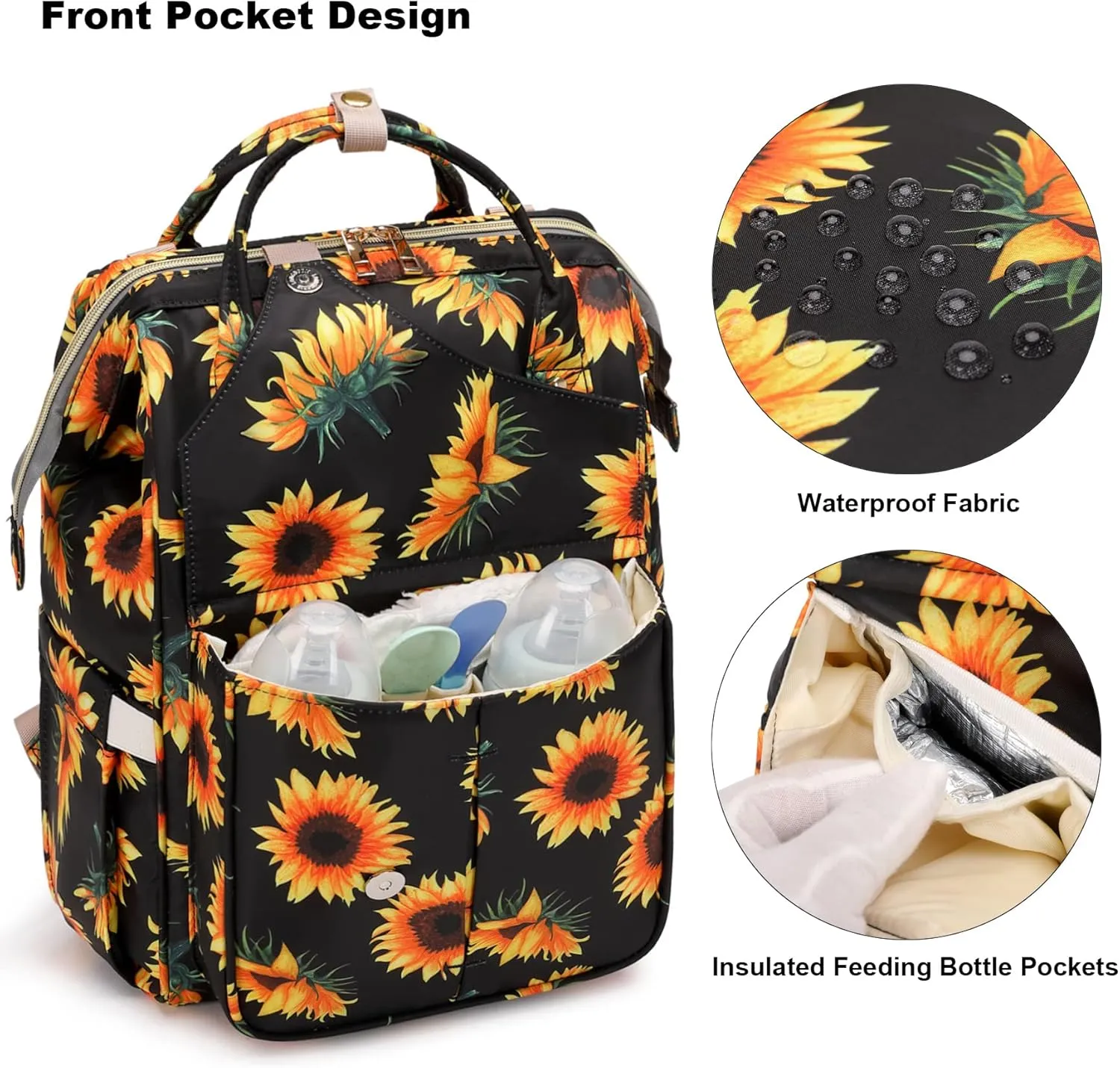 Sunflower Diaper Bag Backpack for Baby Girls Boys, Large Capacity Multifunction Waterproof Maternity Mom Nappy Bags with Stroller Straps