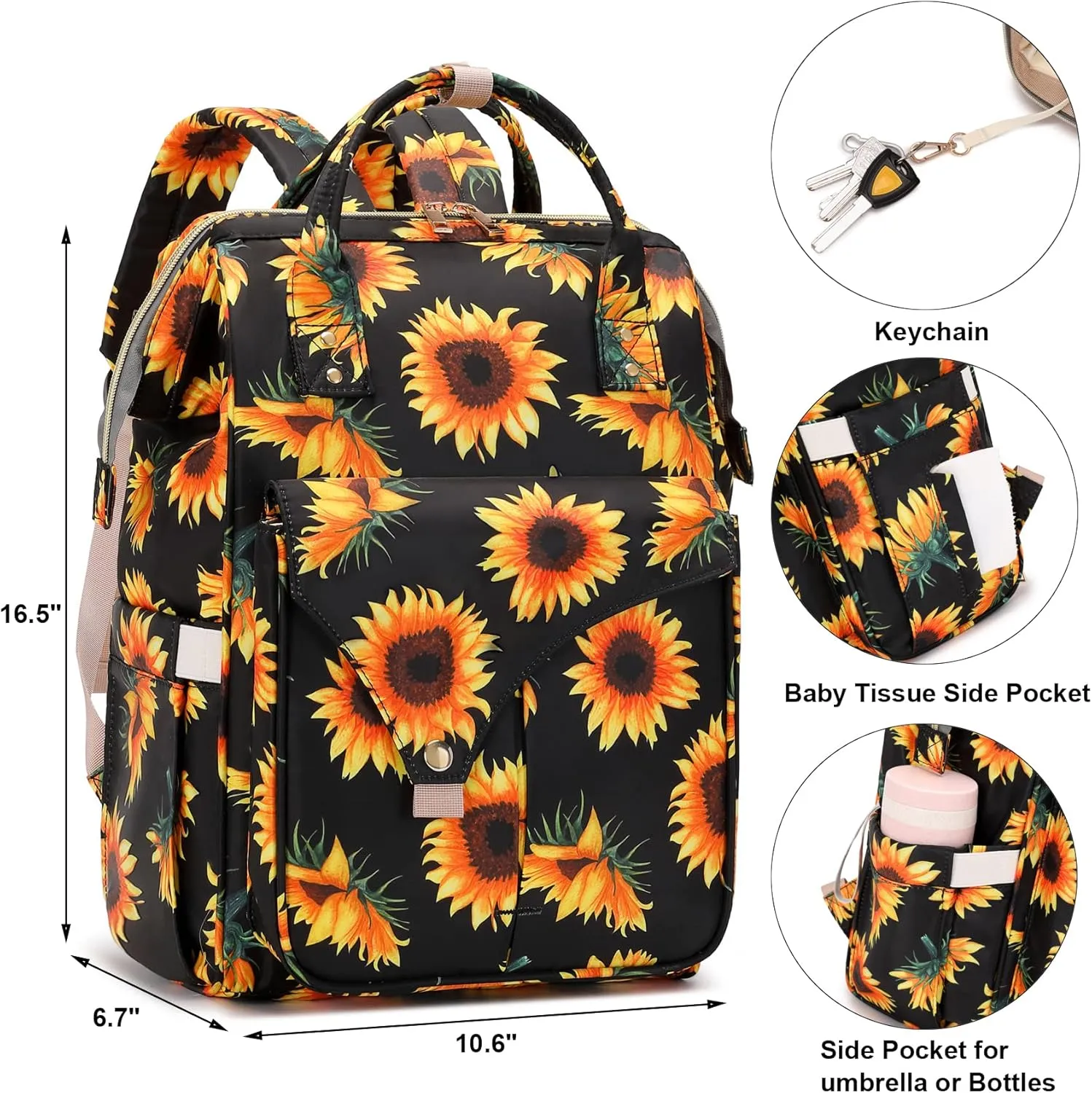 Sunflower Diaper Bag Backpack for Baby Girls Boys, Large Capacity Multifunction Waterproof Maternity Mom Nappy Bags with Stroller Straps
