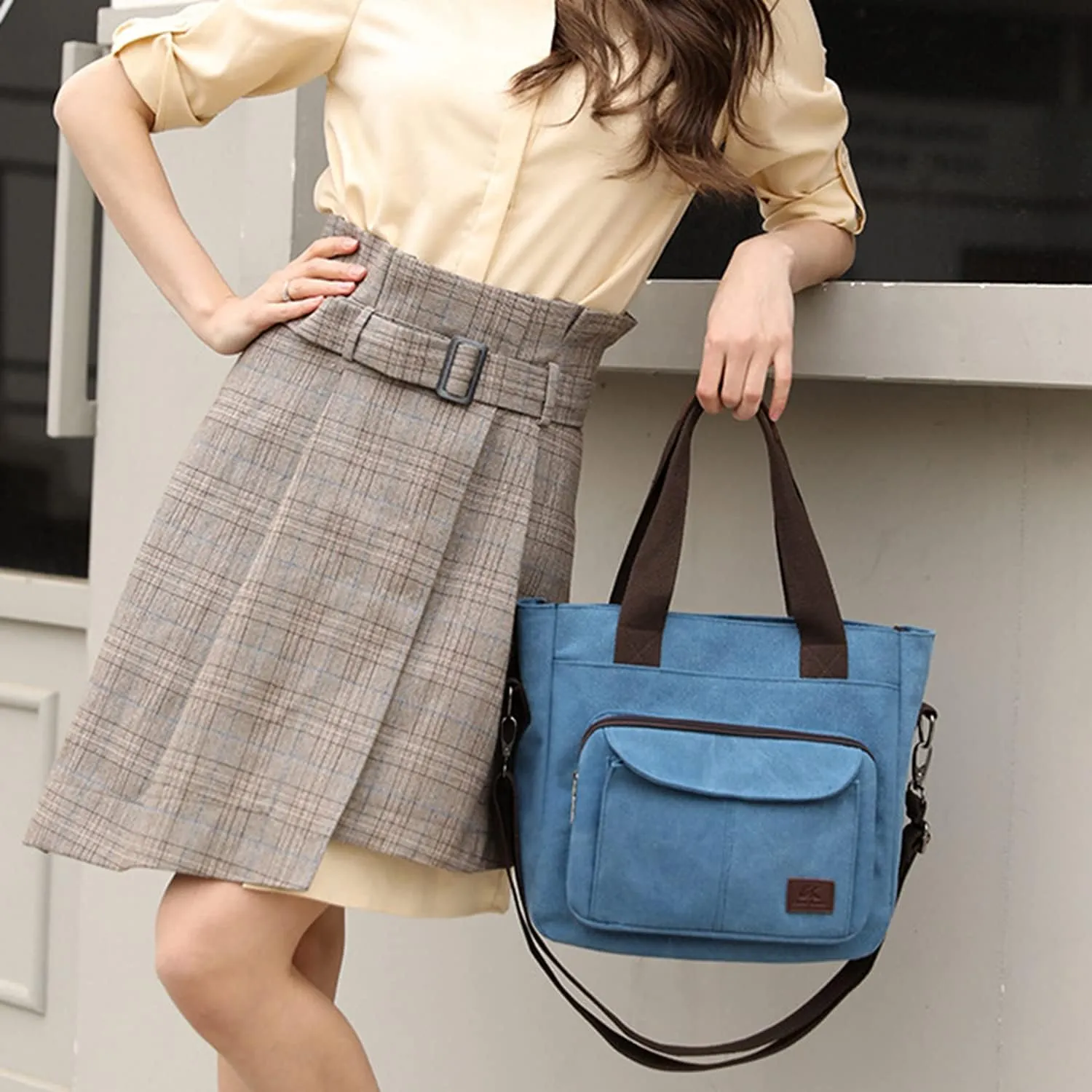 Sunshinejing Women's Canvas Tote Purse Shoulder Crossbody Bag Small Handbag Multi-pocket Top Handle Work Bags