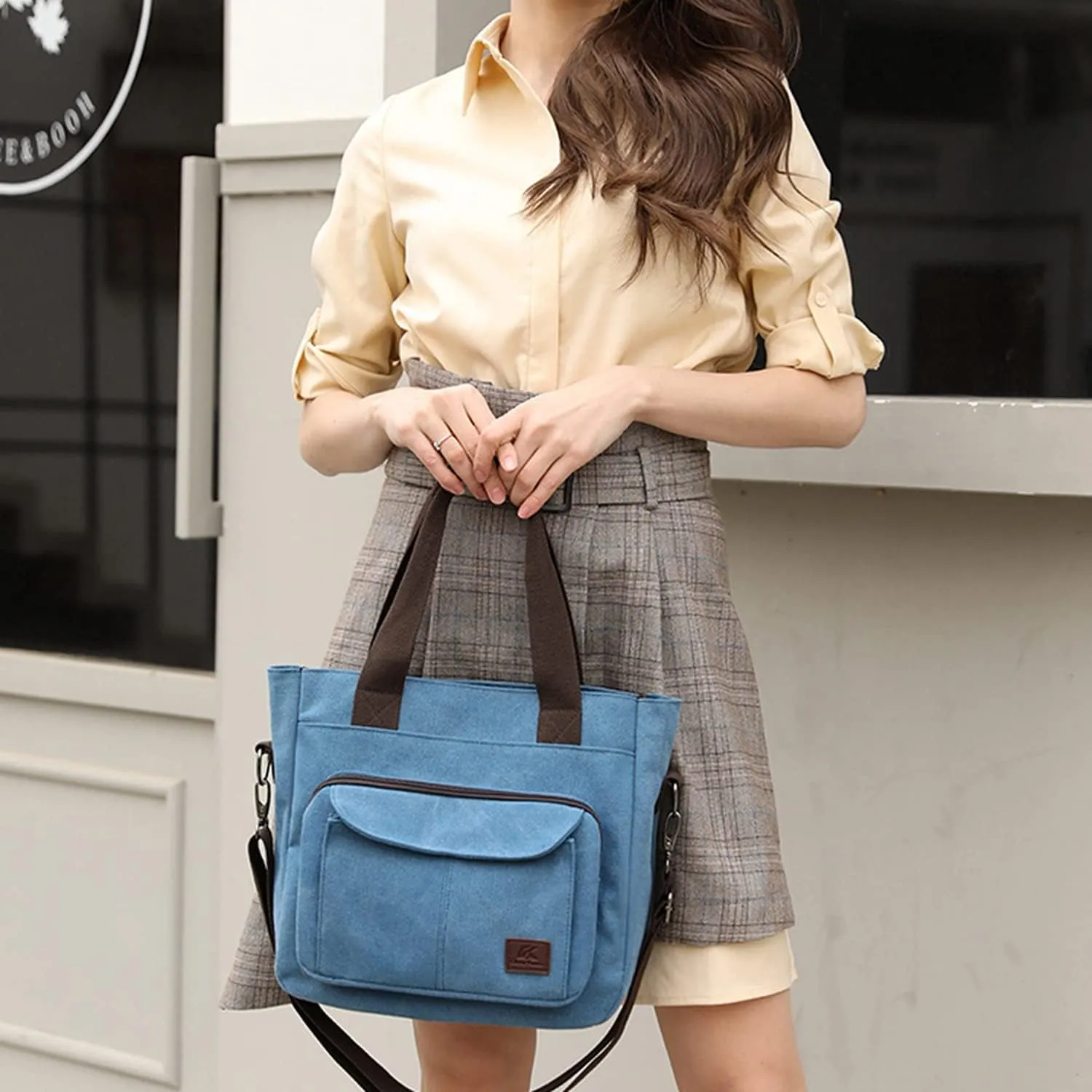 Sunshinejing Women's Canvas Tote Purse Shoulder Crossbody Bag Small Handbag Multi-pocket Top Handle Work Bags