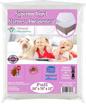 Superior Extra Heavy 8 Gauge Vinyl Mattress Protector Zippered Encasement Cover 100% Waterproof Full White